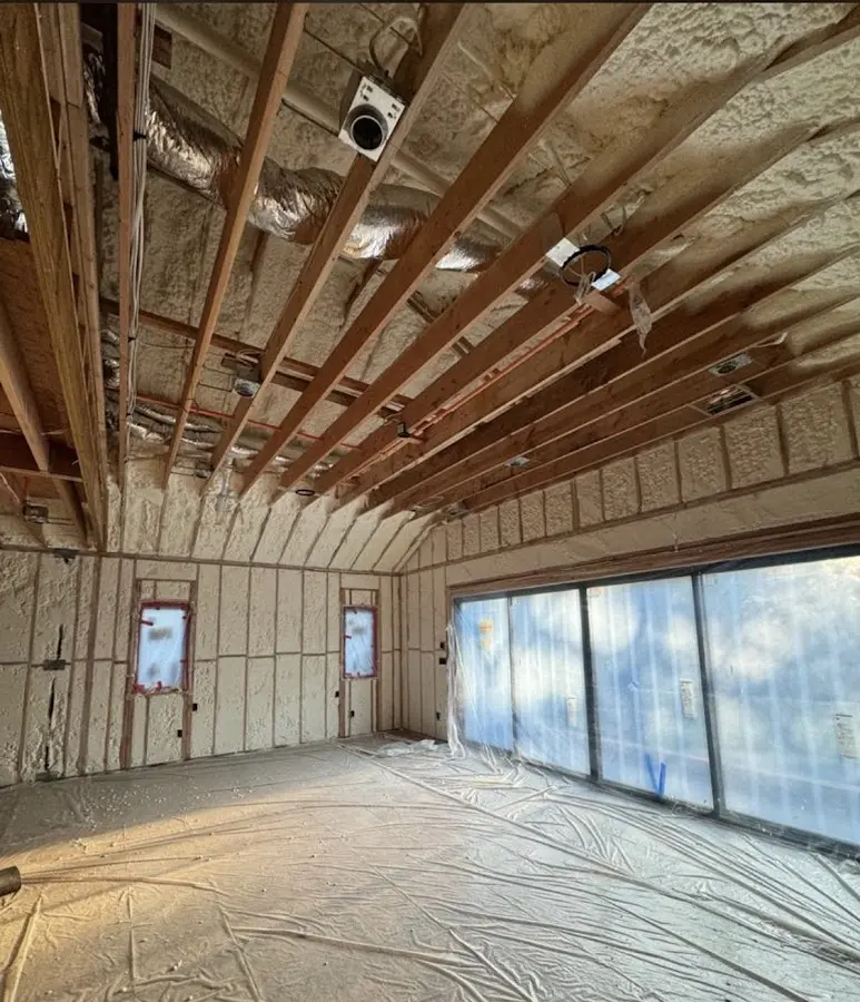 Interior walls and ceiling insulated with spray foam during new construction in Augusta